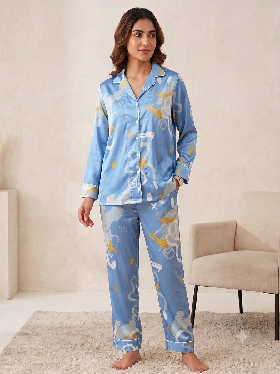 Women’s Sky Blue Abstract Print Silk Night Suit
