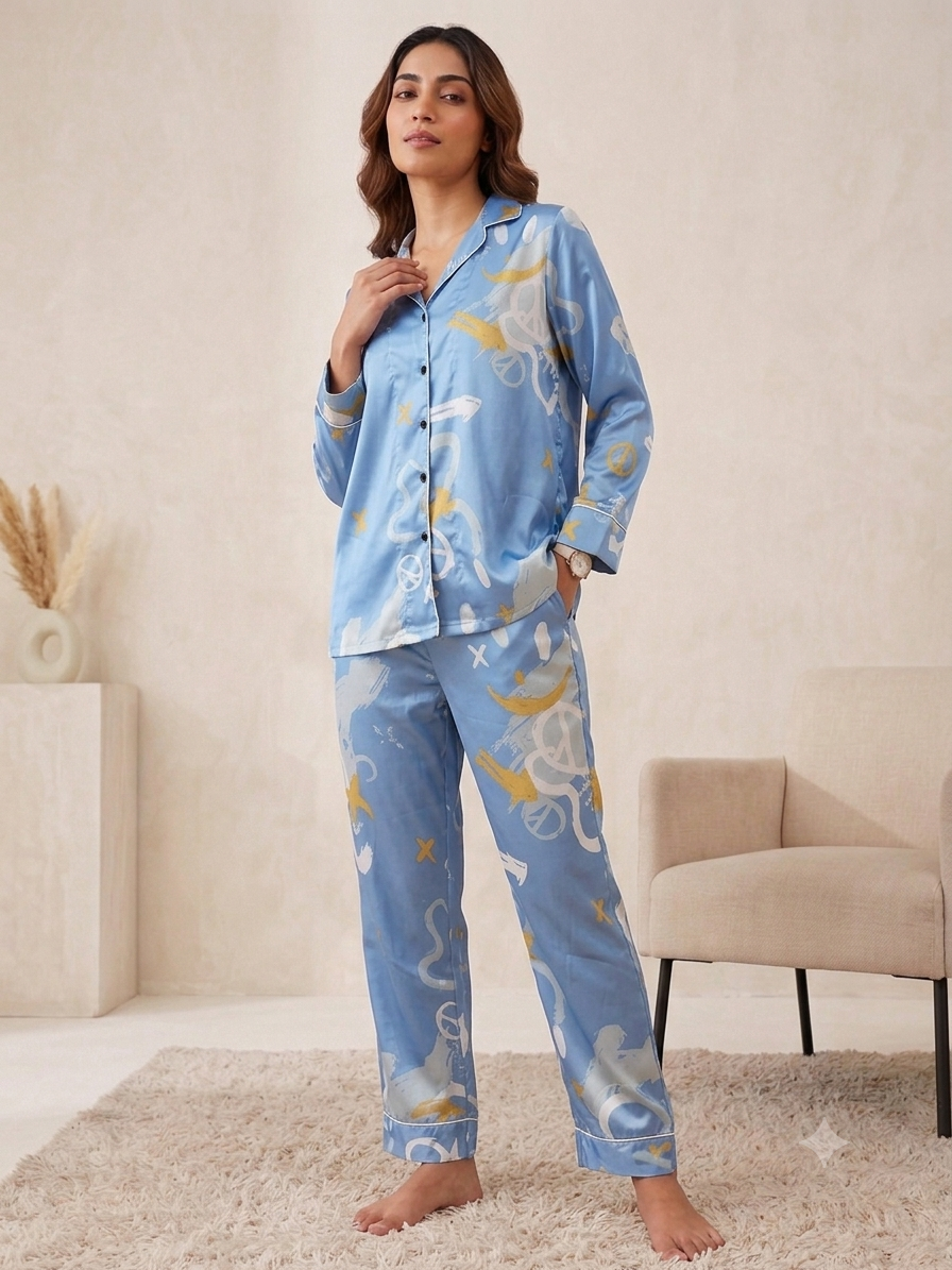 Women’s Sky Blue Abstract Print Silk Night Suit