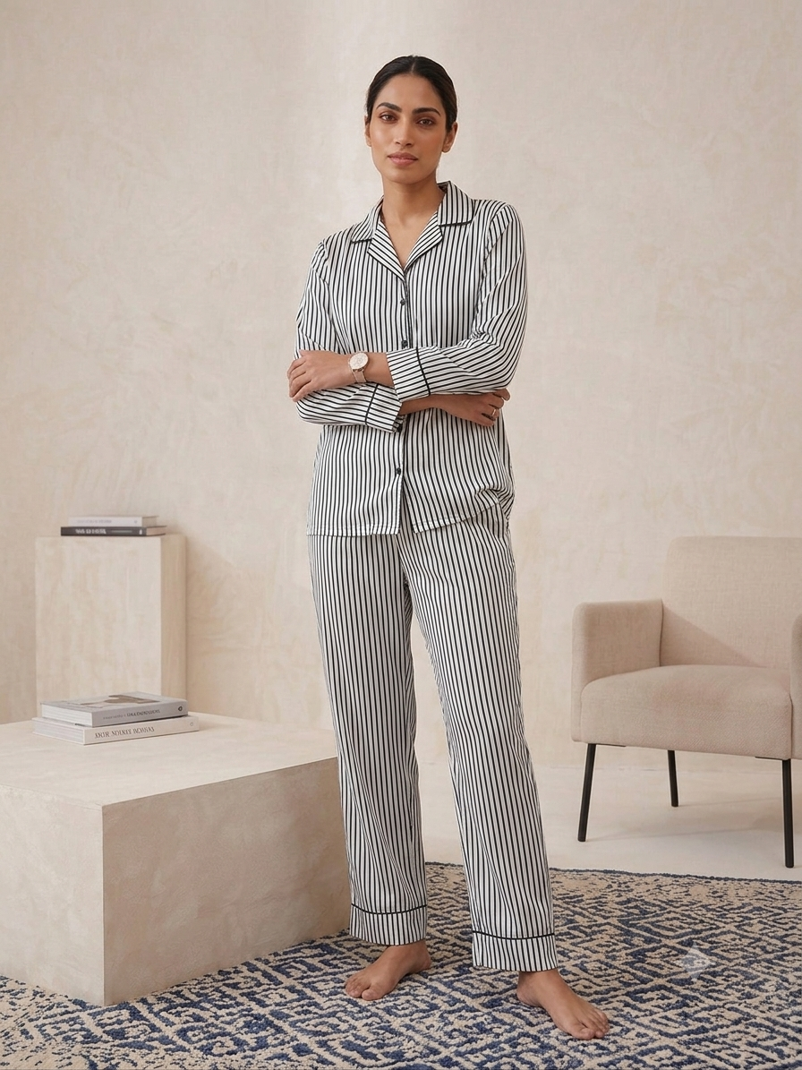 Women’s Black & White Striped  Night Suit